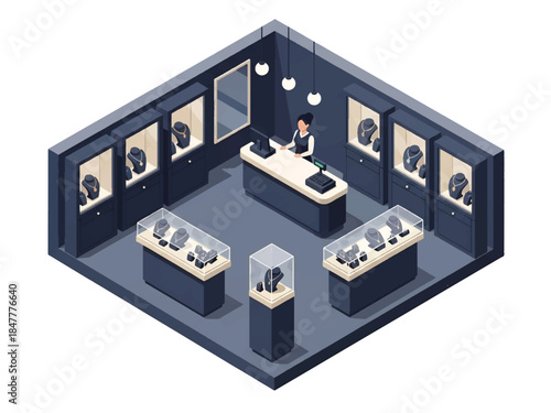 Isometric 3D view of a luxury jewelry store interior featuring elegant display cases and premium retail ambiance, perfect for luxury branding and high-end shopping concepts