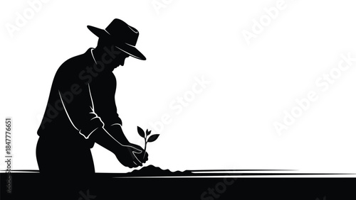 Man Planting a Sapling in Garden Bed Silhouette Vector isolated on white background