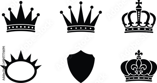 Elegant black silhouette assortment of six different regal and imperial crown designs suitable for logo creation and royal themes.