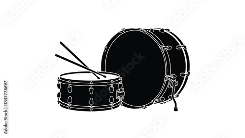 Black silhouette of snare and bass drums with drumsticks Vector illustration isolated on white background