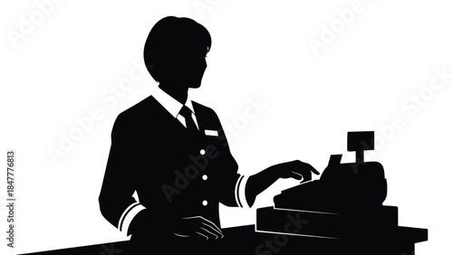 Silhouette of a flight attendant operating a cash register isolated on white background