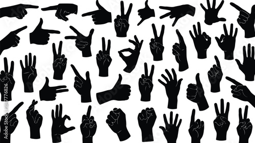 A seamless pattern featuring various black hand gestures and signals on a white backdrop