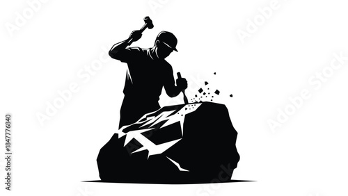 Black silhouette of a man chiseling a rock with a hammer and pickaxe isolated on white background