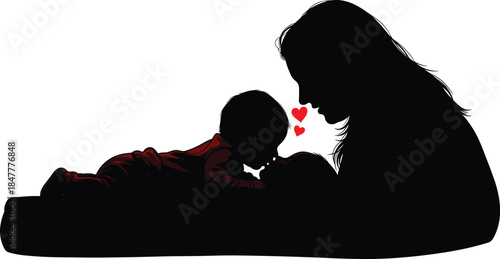 Caregiver and child affection icon set, black silhouette illustration of emotional bonding with red heart symbols graphic