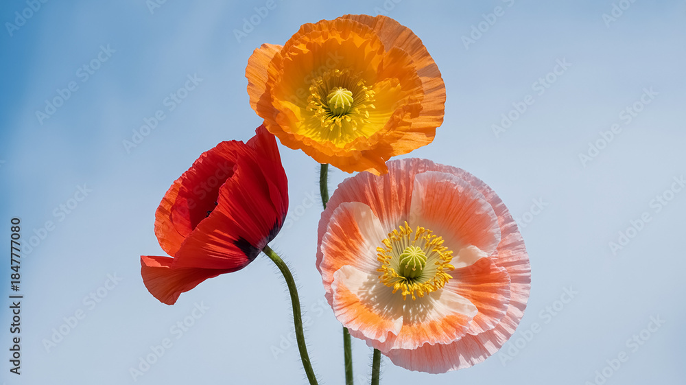 Fototapeta premium A high-key photograph of three poppies against a solid light blue background.