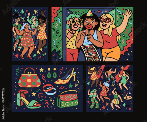 Happy New Year celebration collage in bold vector style: dancing friends, NYE photo booth strip, party props and confetti on dark background for festive design.