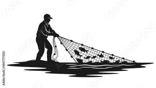 Man pulling fishing net silhouette Vector illustration isolated on white background