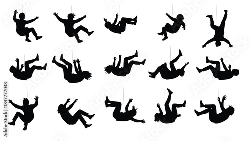 A diverse collection of black silhouettes depicting people falling and tumbling in various poses