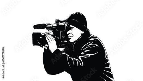 Man in beanie filming with video camera, silhouette style vector illustration isolated on white background
