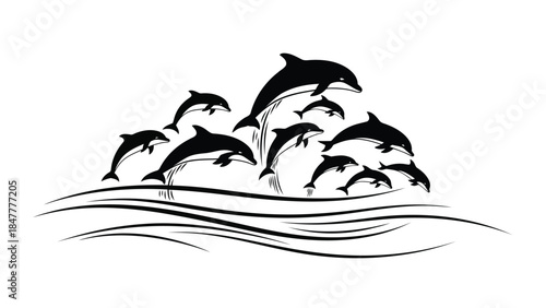 Black silhouette of a pod of dolphins jumping out of wavy water Vector illustration isolated on white background