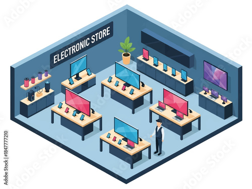 Isometric 3D view of an electronics store interior showcasing gadgets and digital devices, ideal for technology retail and innovation-themed visuals