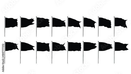 Black silhouettes of flags waving in the wind, showcasing different shapes and worn edges