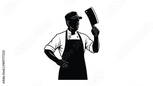 Silhouette of a butcher holding a cleaver in a confident pose, wearing an apron and cap, isolated on white background