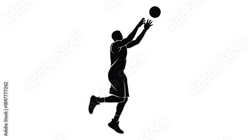 Black silhouette of a basketball player jumping to shoot the ball in a minimalist vector isolated on white background