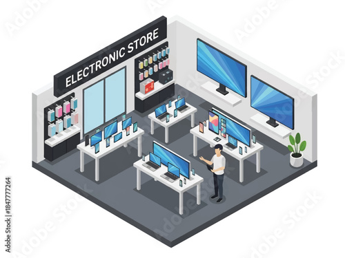Isometric 3D view of an electronics store interior showcasing gadgets and digital devices, ideal for technology retail and innovation-themed visuals