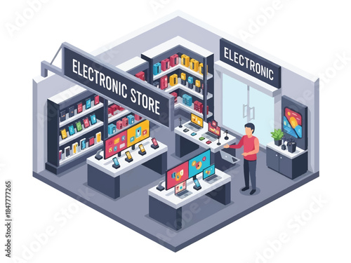 Isometric 3D view of an electronics store interior showcasing gadgets and digital devices, ideal for technology retail and innovation-themed visuals