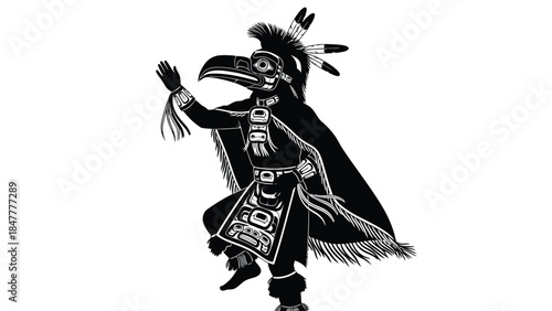 Vector illustration of a dancer wearing a bird mask and traditional costume isolated on white background