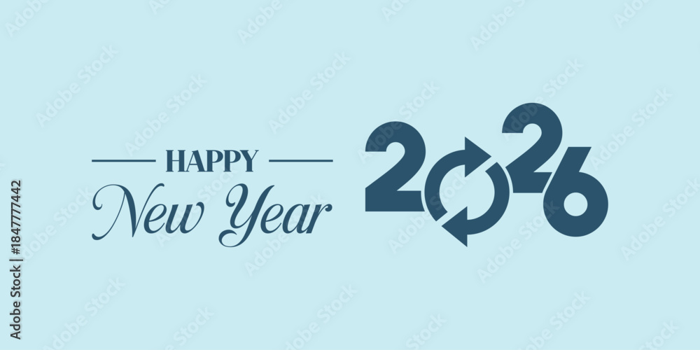 Fototapeta premium Elegant “Happy New Year 2026” typography in dark teal on light blue background, modern calligraphy and bold numbers with swoosh element, ideal for seasonal greeting cards, banners.