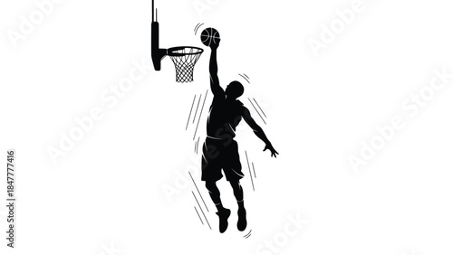 Silhouette of basketball player dunking ball into hoop with motion lines Vector isolated on white background