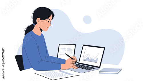 Focused businesswoman analyzing data on dual monitors at modern workspace