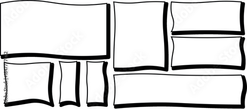 Hand-drawn grid of blank panels and frames. Irregular white rectangles and squares with black shadows and borders, comic book style layout template.