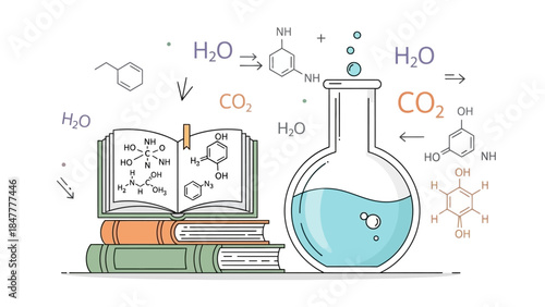 Chemistry textbook and beaker with chemical formulas and reactions