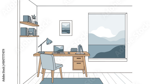 Modern home office with wooden desk and mountain view