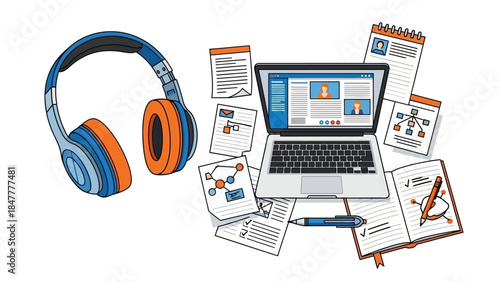 Remote worker studying online with laptop and headphones surrounded by notes