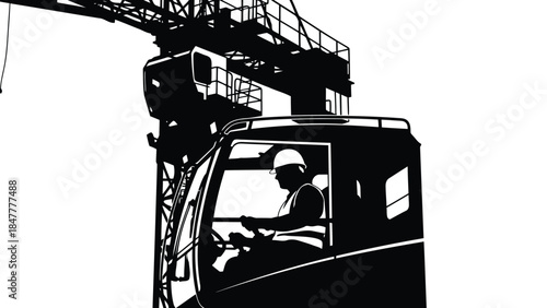 Silhouette of construction worker operating crane vehicle, industrial site, silhouette isolated on white background
