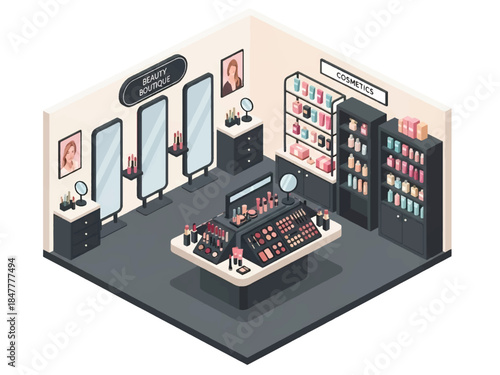 Isometric 3D view vector of a cosmetics store interior with makeup displays, beauty products, mirrors, and modern retail layout