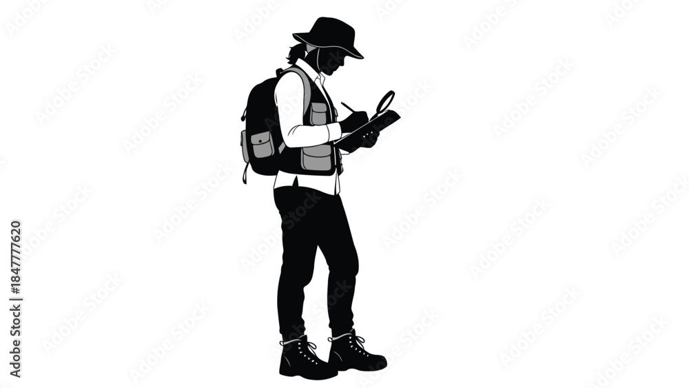 Obraz premium Silhouette of a man with backpack and hat reading a map isolated on white background