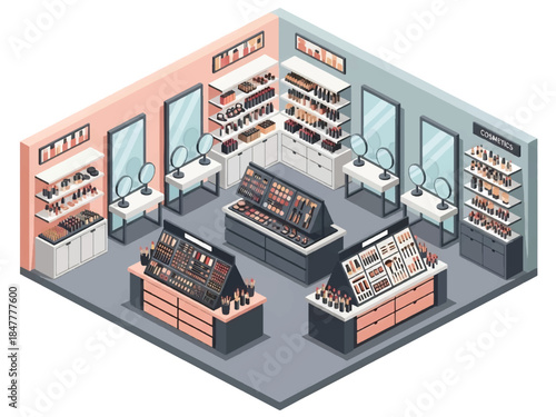 Isometric 3D view vector of a cosmetics store interior with makeup displays, beauty products, mirrors, and modern retail layout