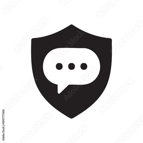 Secure AI Chat Icon Black and White Vector Shield with Speech Bubble for Privacy and Protected Messaging