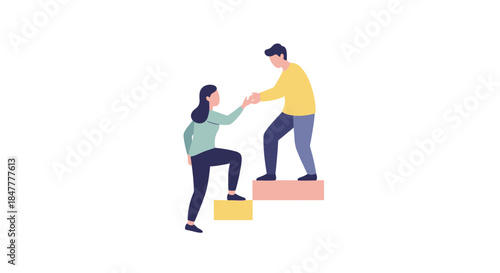A supportive illustration depicts one person extending a hand to help another ascend steps, symbolizing teamwork, mentorship, and mutual assistance in achieving goals.