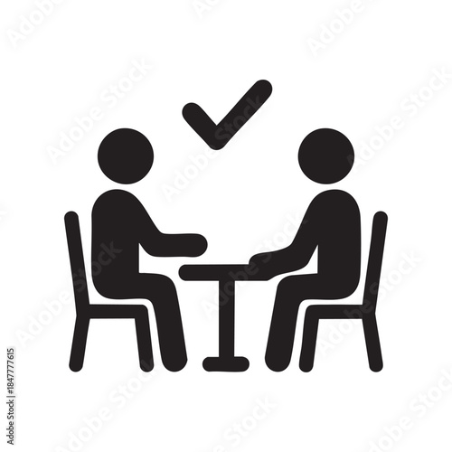 AI Collaboration Meeting Icon Black and White Vector Two People at Table with Check Mark