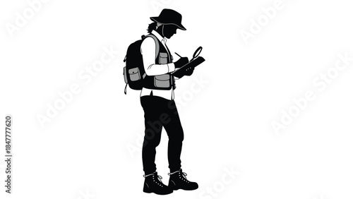 Silhouette of a man with backpack and hat reading a map isolated on white background
