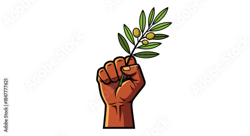 A strong, dark-skinned fist holds an olive branch with green leaves and yellow olives, symbolizing peace, justice, and solidarity.
