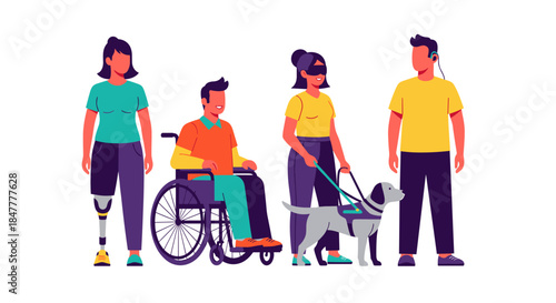 A diverse group of people with various disabilities, including a prosthetic leg, wheelchair user, visually impaired person with a guide dog, and someone with a hearing aid, stand together.