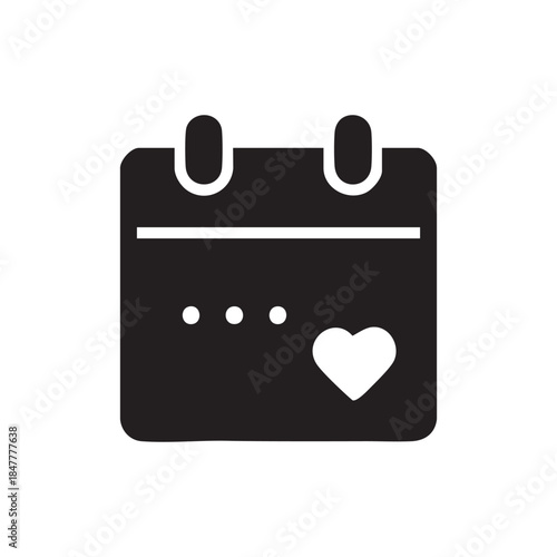 Black and white vector icon of AI smart calendar with heart event symbol