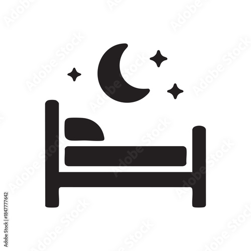 Black and white AI sleep mode vector icon bed with crescent moon and stars for app UI and web design