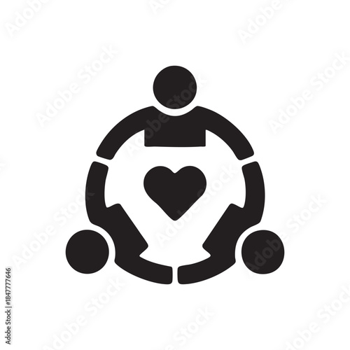 Black and white vector icon of human centered AI community with heart symbol
