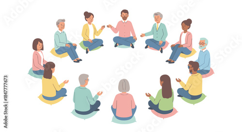A diverse group of individuals sits in a circular arrangement, engaging in a community discussion or support meeting, fostering connection and dialogue.
