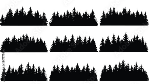 A set of nine coniferous forest silhouettes for graphic design and landscape borders