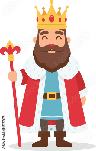 Cheerful Cartoon King Character Illustration Featuring a Bearded Ruler Wearing a Luxurious Red and White Fur-Trimmed Robe, Gold Crown, and Holding a Royal Scepter.