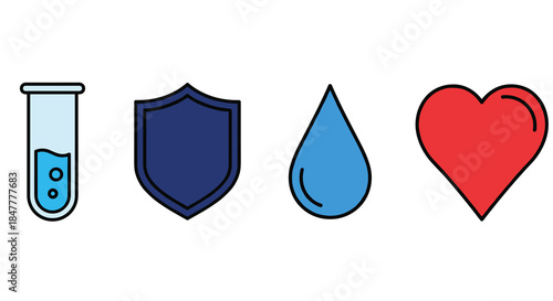 A vibrant collection of health and medical icons, including a test tube, shield, water drop, and heart, symbolizing wellness and protection.