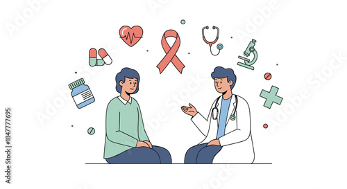 A compassionate doctor consults with a patient, surrounded by medical icons symbolizing health, support, and various diagnostic tools.