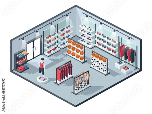 Isometric 3D view vector of a sports store interior with athletic equipment, apparel, and active lifestyle retail concept