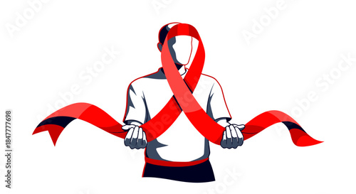 A faceless person holds a long red ribbon, symbolizing global awareness and support for critical health causes and solidarity.