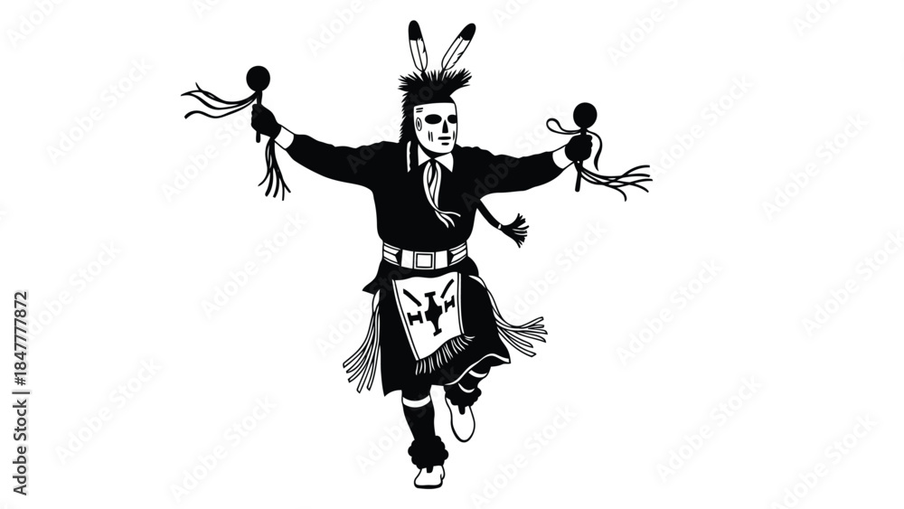 Fototapeta premium Native American dancer in traditional regalia performing Vector illustration isolated on white background