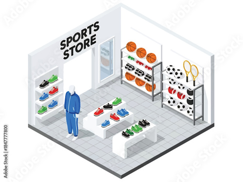 Isometric 3D view vector of a sports store interior with athletic equipment, apparel, and active lifestyle retail concept